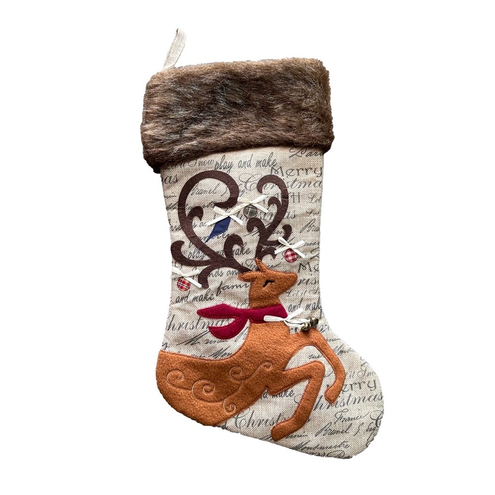 Reindeer Christmas Stocking faux Fur Trim & Jingle Bells